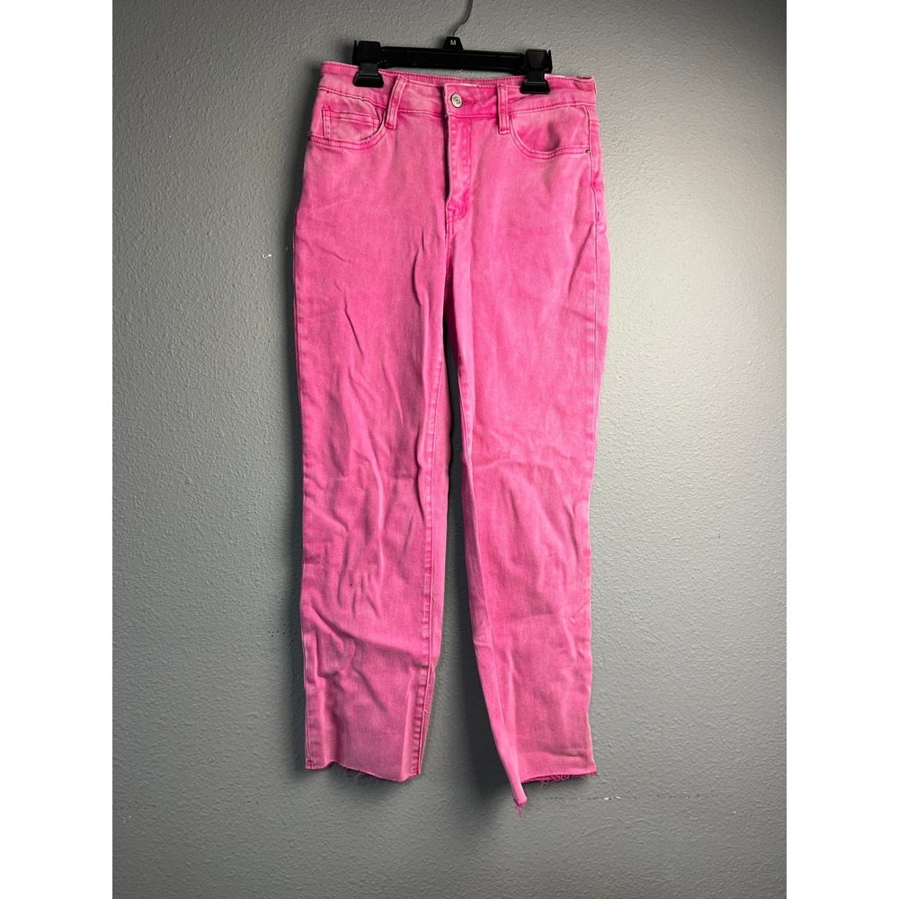 Zenana Pink Straight Leg Raw Hem Jeans High Rise Stretch Denim Small 28x27